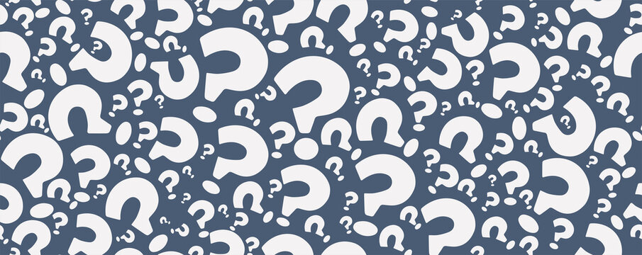 FAQ concept. Blue banner with many random question marks seamless pattern. Customer service. Assistance or assistance online. Problem solution. Help desk. Information point