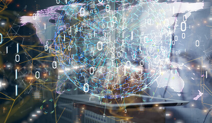 abstract lines with dots over dark background.