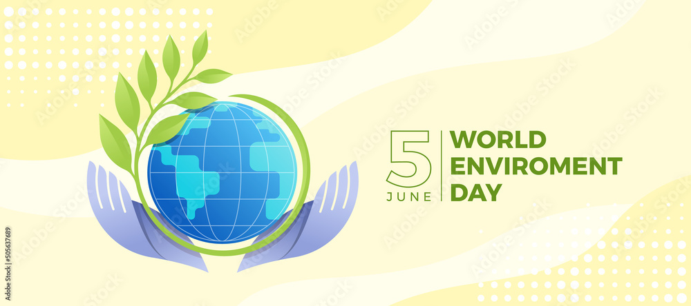Poster world environment day - hands hold circle globe with branch and leaves roll around on soft yellow cu