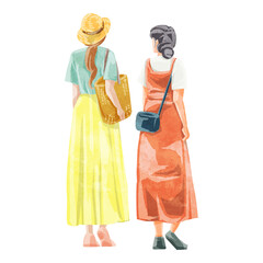 歩く女性の後ろ姿手描き水彩風イラスト