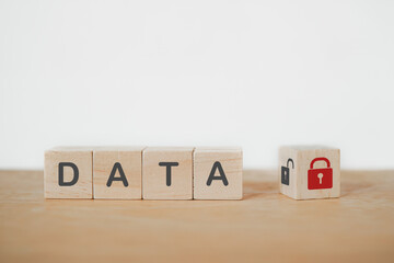 data text on wooden cube block with red  locked key for private or personal data safe, Cyber...