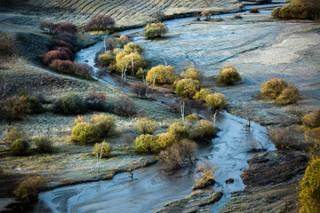 Late autumn scenery and streams of Bashang grassland pasture in Inner Mongolia Autonomous Region, China