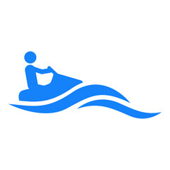 Beach holidays. Logo jet ski. Oceáno con olas y silueta de hombre en moto de agua en color azul