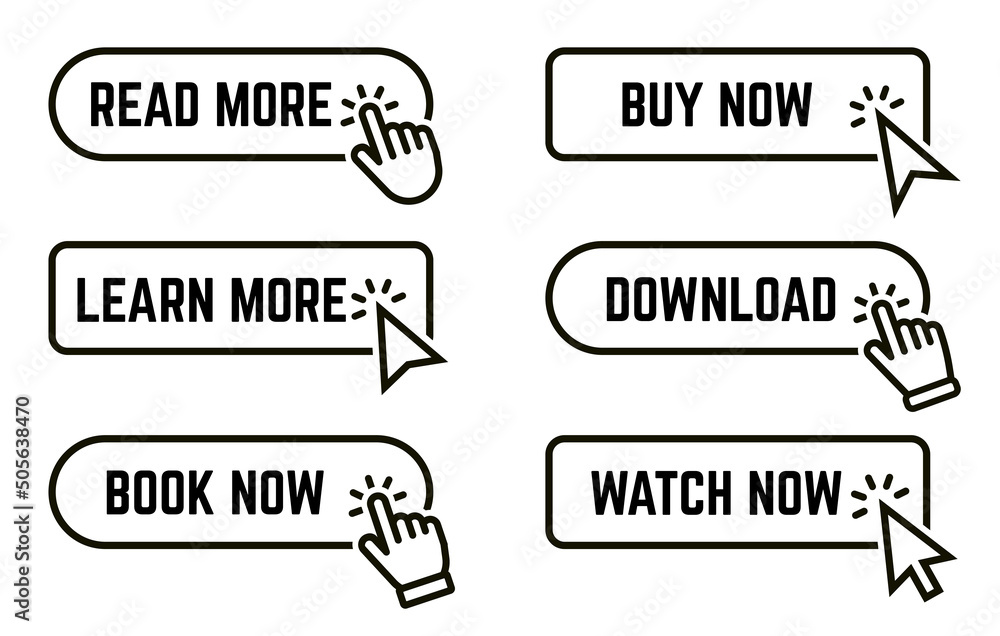 Poster read more, learn more, book now, buy now button set. modern collection for web site. click here, app