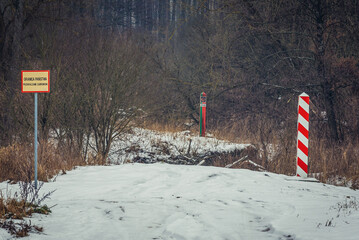 Polish-Belarusian border marks on the banks of River Swislocz in Mostowlany village, Poland