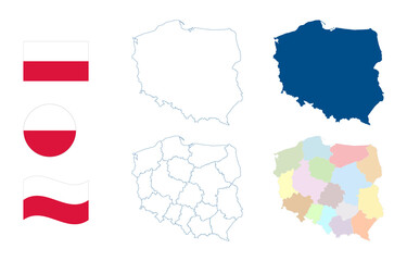 Poland map. Detailed blue outline and silhouette. Administrative divisions and provinces or states. Country flag. Set of vector maps. All isolated on white background. Template for design