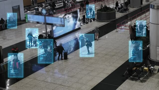 Facial recognition technology scan and detect people face for identification in crowded places. IOT CCTV, security camera motion detection system recognizes and identifies people using big data and AI