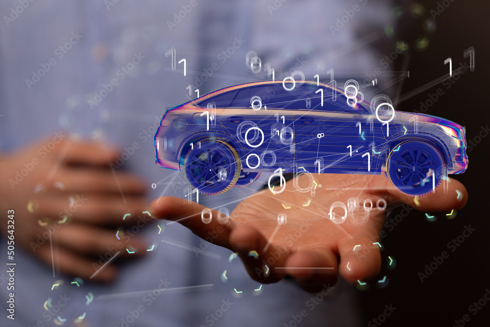 Poster Autonomous car with HUD graphic of Navigation system driving