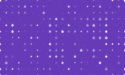 Seamless background pattern of evenly spaced white Christmas tree toys of different sizes and opacity. Vector illustration on deep purple background with stars