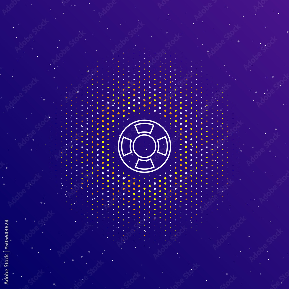Poster A large white contour lifebuoy symbol in the center, surrounded by small dots. Dots of different colors in the shape of a ball. Vector illustration on dark blue gradient background with stars