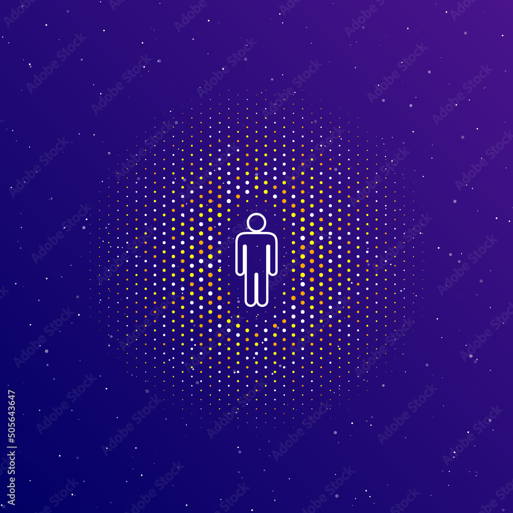 Poster a large white contour man symbol in the center, surrounded by small dots. dots of different colors i