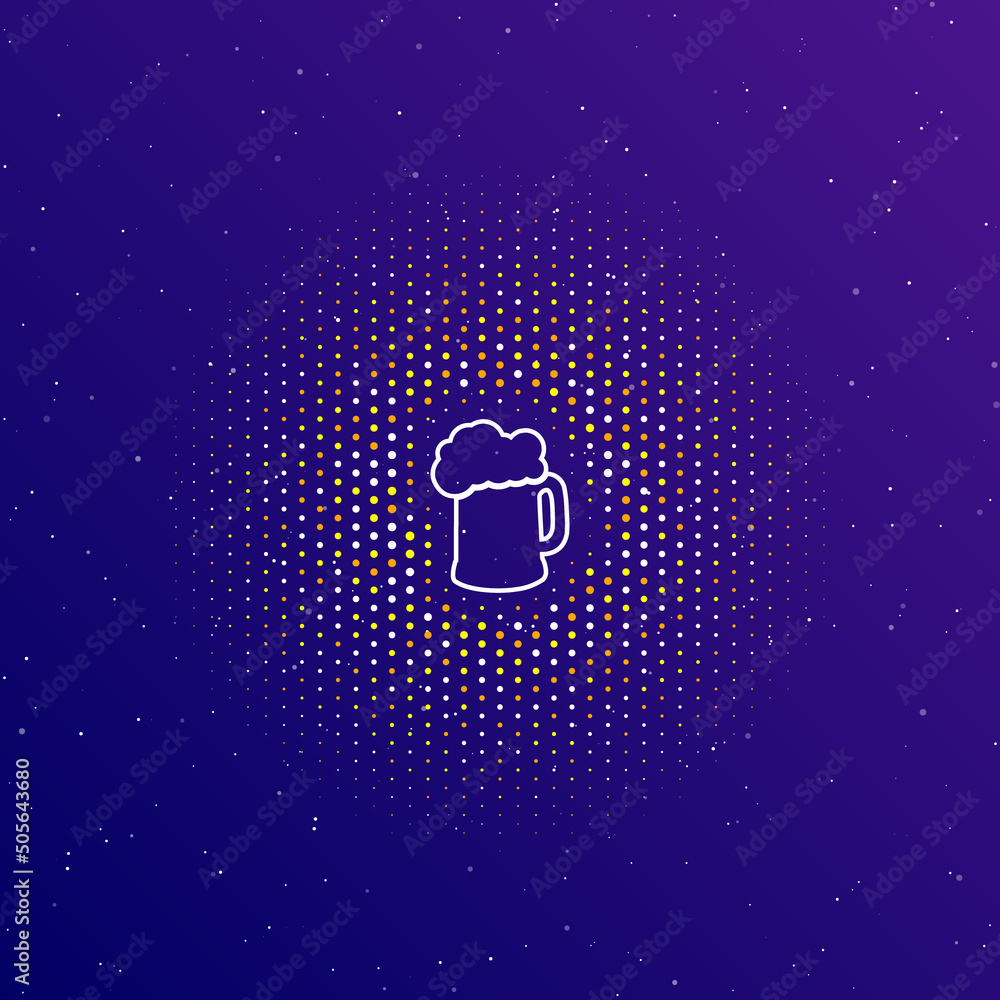 Poster a large white contour mug beer symbol in the center, surrounded by small dots. dots of different col
