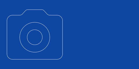 A large white outline photo camera symbol on the left. Designed as thin white lines. Vector illustration on blue background