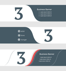 Set of blue grey banner, horizontal business banner templates. Banners with template for text and number three symbol. Classic and modern style. Vector illustration on grey background