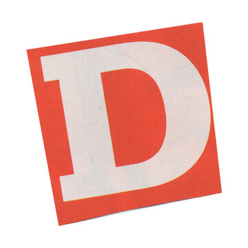 letter d magazine cut out font, ransom letter, isolated collage elements for text alphabet. hand made and cut, high quality scan. halftone pattern and texture detail. newspaper and scraps