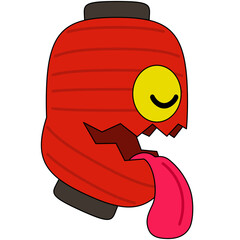 目を瞑る一つ目の提灯のお化けのイラスト（アウトラインあり）