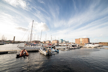 Hartlepool/UK - October 2019: Hartlepool marina yachts moored on a sunny day with beautiful clouds