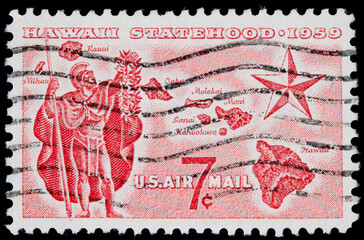 briefmarke stamp vintage retro alt old hawaii usa amerika america rot red insel island 1959 kamehameha 7 cent star state stern post letter mail