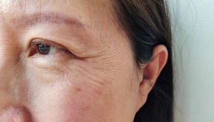 close up portrait the flabbiness and wrinkles of the eyelids, problem flabby skin on the face of...