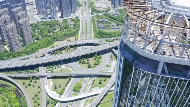 aerial view of landmark architecture and road interchange in hangzhou binjiang district
