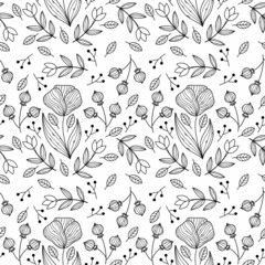 Seamless pattern with floral ornament. Flowers and twigs on white background. Wallpaper for sewing clothes and printing on fabric.