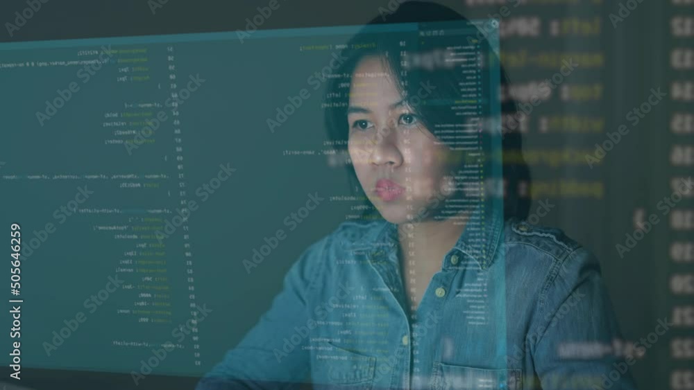 Wall mural young woman asia people work at home write typing python remote screen build data center ai deep tec