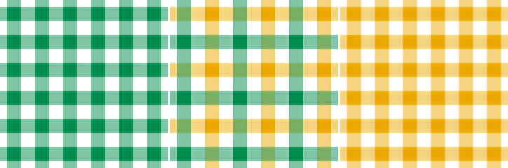 Gingham check plaid pattern in yellow, green, white for spring summer. Seamless small bright vichy tartan set for picnic blanket, gift paper, tablecloth, other modern holiday fashion textile print.