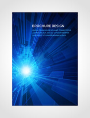 Fototapeta premium Illuminated blue hi tech tunnel perspective glow star explosion brochure design template realistic vector illustration. Glossy abstract geometric texture dynamic flow innovation matrix poster