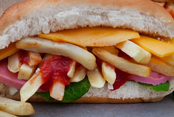 South African submarine sandwich with chips and meat known as a Gatsby Sandwich

