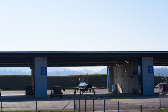Patrouille Suisse Northrop F-5 Tiger fighter jet of Swiss Air Force at hangar on Air Base Emmen. Photo taken March 23rd, 2022, Emmen, Switzerland.