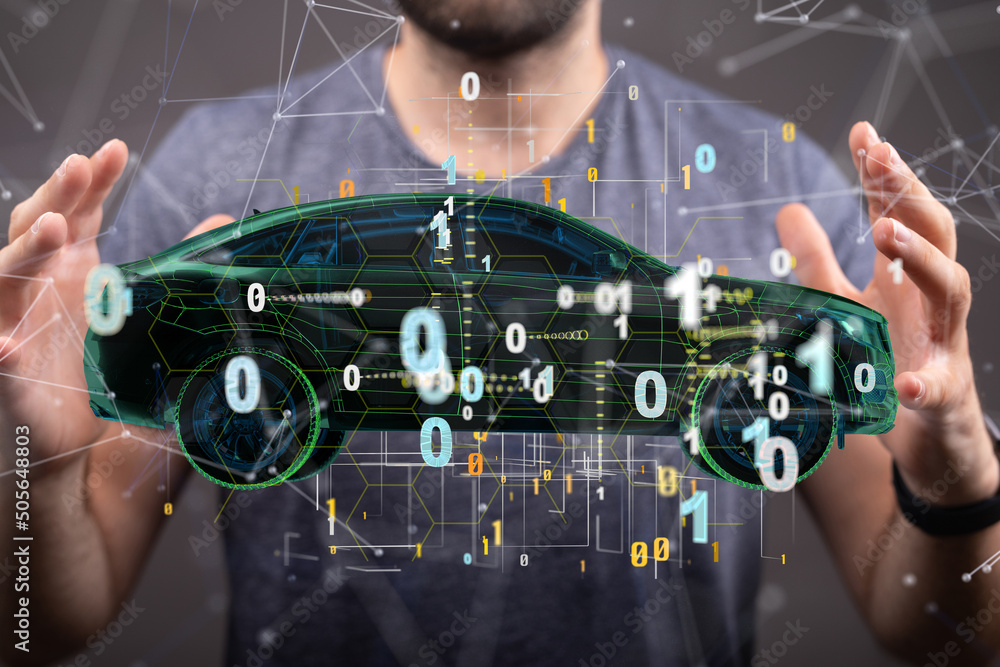 Poster Autonomous car with HUD graphic of Navigation system driving