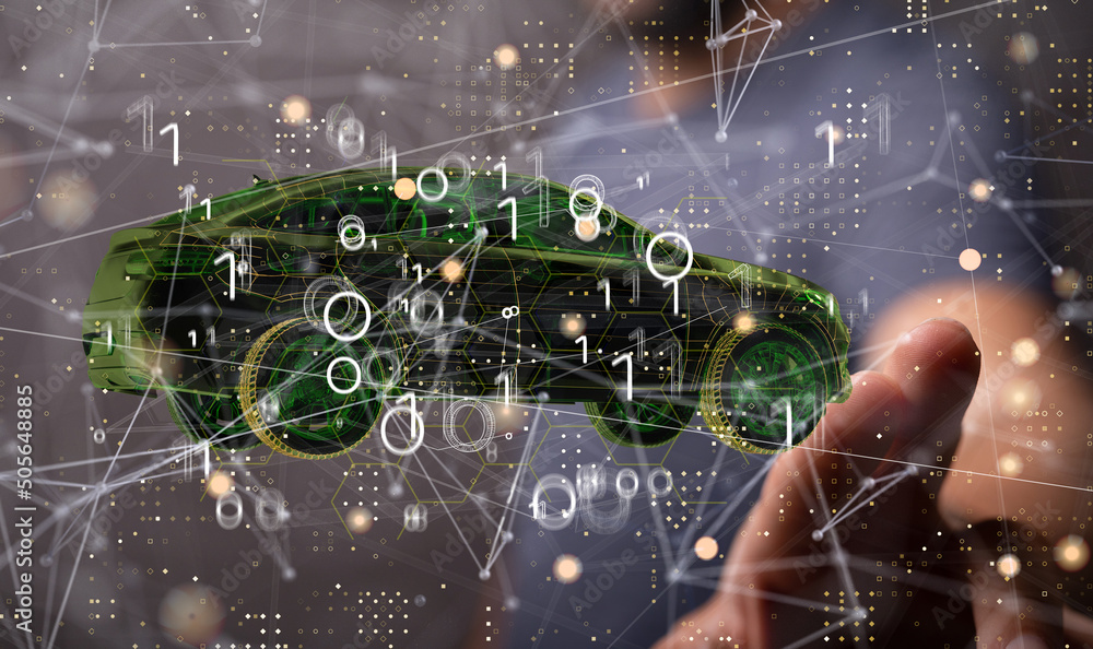 Poster autonomous car with hud graphic of navigation system driving