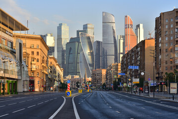 Bolshaya Dorogomilovskaya Street in the morning. Moscow International Business Center (MIBC) in the background. Moscow, Russia.