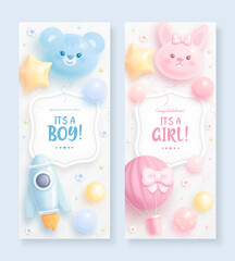 Set of baby shower vertical banner with cartoon bear, bunny, hot air balloon, rocket and balloons on light background. It's a boy. It's a girl. Vector illustration