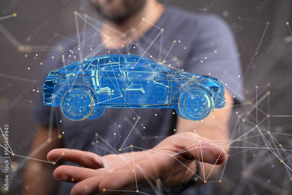Poster autonomous car with hud graphic of navigation system driving