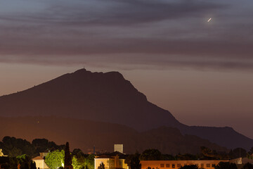 Sainte Victoire mountain at dawn during a lunar eclipse