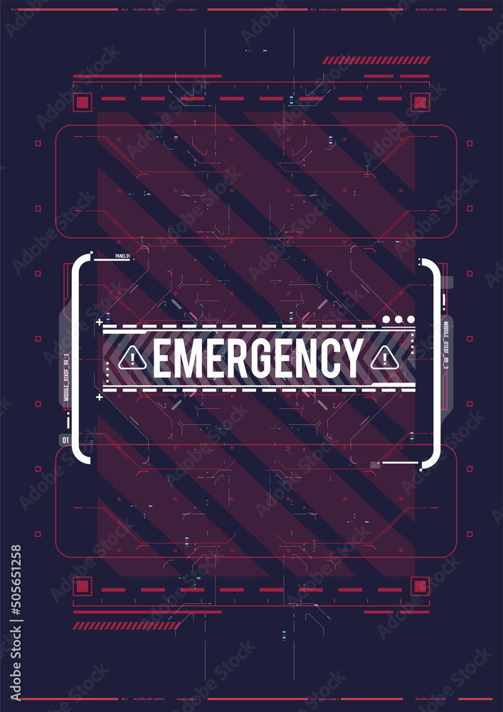 Aufkleber HUD danger and alert attention vector red interface. Emergency. Conceptual Layout with HUD elements for print and web. Lettering with futuristic user interface elements.