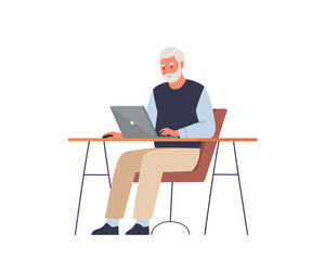Fototapeta na wymiar Happy elderly man is working on a laptop. Freelance, online training, email checking, webinar. Elderly man at table in the office. Flat vector illustration.