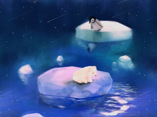 漂流した氷の上のしろくまくんとペンギンちゃんのイラスト © NORIMA