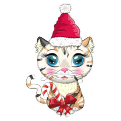 Cute cartoon cat in santa hat with gift, christmas ball, candy kane. Winter 2023, Christmas and Chinese New