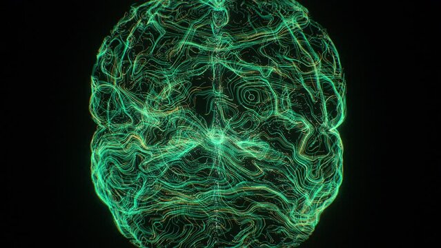 Illuminated green yellow big data particles flow human brain zoom out motion design animation