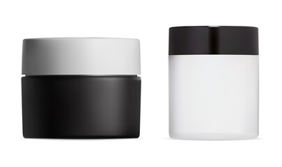 Cosmetic cream jar mockup. Black and white plastic design. Round face cream bottle. Cosmetic product packaging for butter, powder. Skin care gel mock up, realistic packaging set