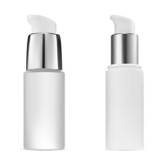 Cosmetic serum pump bottle. Glass container mockup for skin foundation. Mini dispenser jar template with airless pump. Face cream product dispenser with dropper, foundation texture