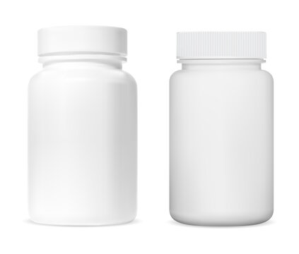 White supplement vitamin bottle, medicine pill jar mockup. Small pharmacy tablet can template, antibiotic capsule prescription drug bottle. Pharmaceutical medicament illustration