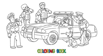 Police car and police officers in uniform. Coloring book. Vector character. Children vector illustration