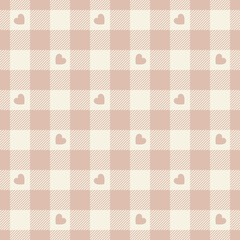 Heart gingham check plaid pattern print in soft pink and beige. Seamless abstract vector geometric vichy tartan for Valentines Day dress, jacket, skirt, tablecloth, oilcloth, gift paper, blanket.