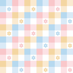 Floral pattern for spring summer. Colorful pastel abstract vichy tartan check plaid with daisy flowers in blue, pink, yellow, white for gift paper, tablecloth, picnic blanket, fashion textile print. - 505655690
