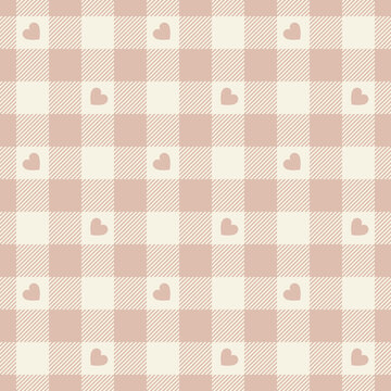 Heart gingham check plaid pattern print in soft pink and beige. Seamless abstract vector geometric vichy tartan for Valentines Day dress, jacket, skirt, tablecloth, oilcloth, gift paper, blanket.
