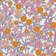 Orange, white and pink flowers mix, pattern illustration