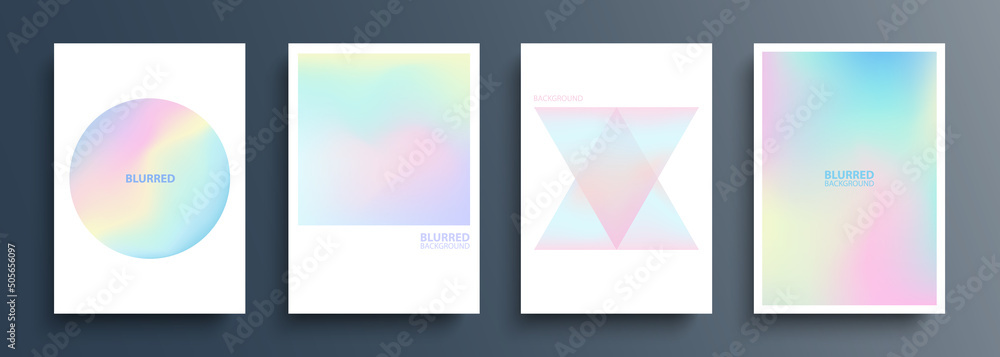 Poster Set of geometric shapes with light abstract blurred color gradients. Holographic effect. Futuristic templates collection for brochures, posters, banners, flyers and cards. Vector illustration.